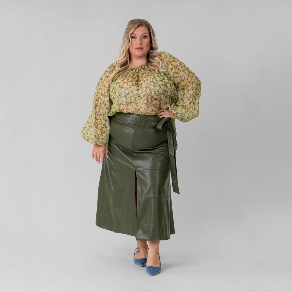 Tanya Taylor Olive Green Faux Vegan Leather Hudson Midi Skirt Tie Belt Size 16 - Picture 2 of 2